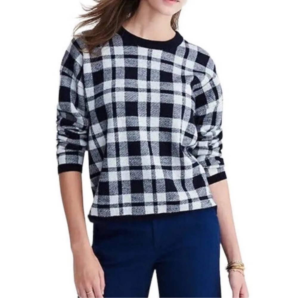 Madewell Women’s‎ Blue Cream Plaid Button Back Crewneck Wool Sweater Medium